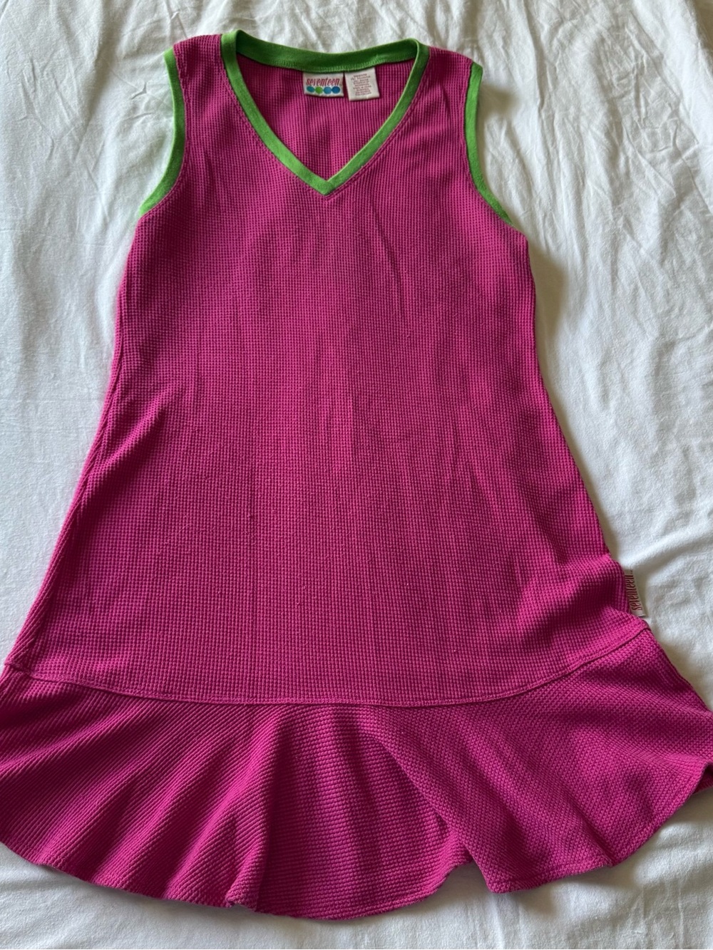 Vintage y2k Seventeen Magazine Sleeveless Pink V-Neck Knit Dress with Green Trim